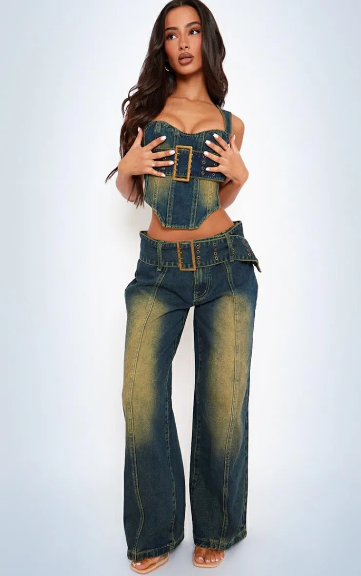 Sale PrettyLittleThing Petite Denim Buckle Detail Straight Leg Jeans Indigo Vintage Wash