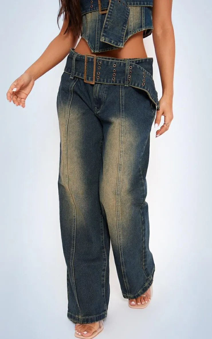 Sale PrettyLittleThing Petite Denim Buckle Detail Straight Leg Jeans Indigo Vintage Wash