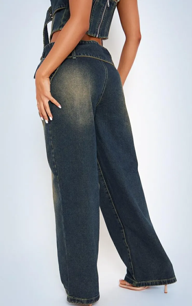Sale PrettyLittleThing Petite Denim Buckle Detail Straight Leg Jeans Indigo Vintage Wash