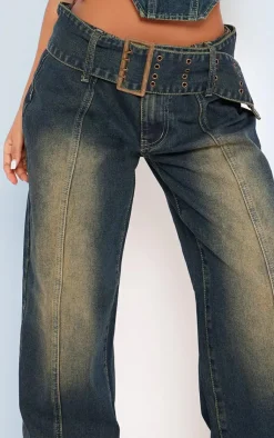 Sale PrettyLittleThing Petite Denim Buckle Detail Straight Leg Jeans Indigo Vintage Wash