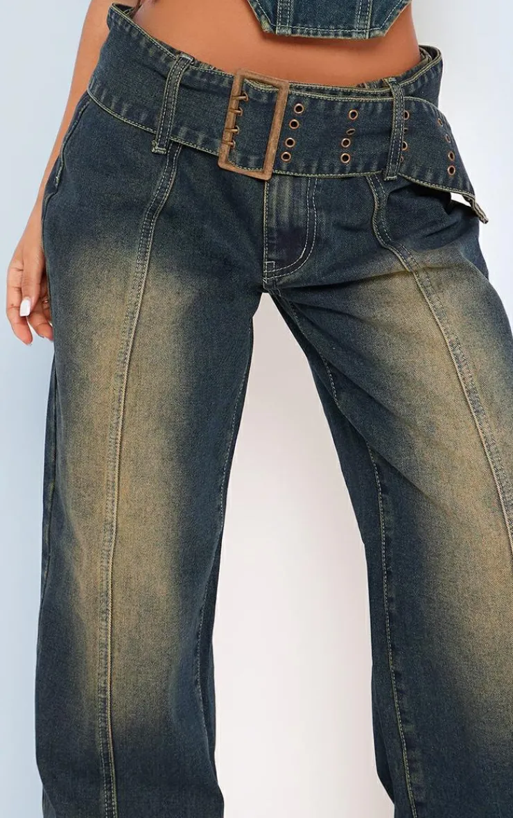 Sale PrettyLittleThing Petite Denim Buckle Detail Straight Leg Jeans Indigo Vintage Wash