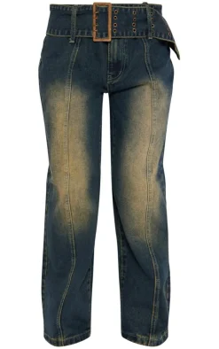 Sale PrettyLittleThing Petite Denim Buckle Detail Straight Leg Jeans Indigo Vintage Wash