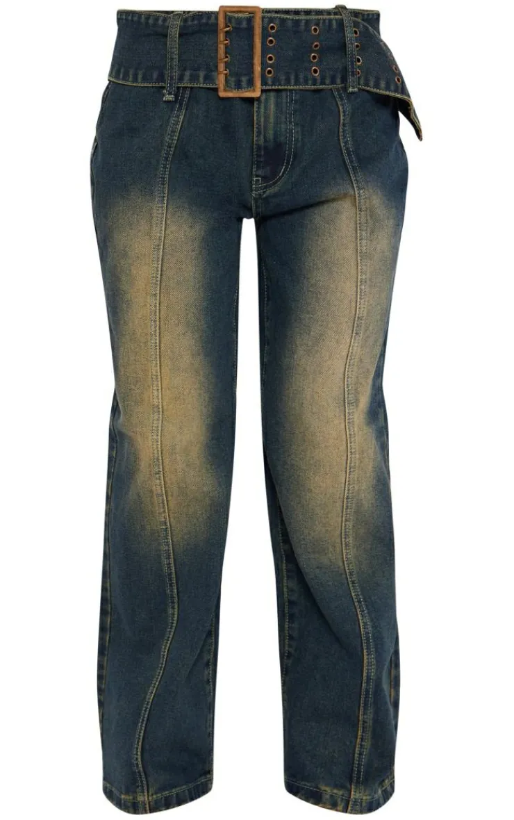 Sale PrettyLittleThing Petite Denim Buckle Detail Straight Leg Jeans Indigo Vintage Wash