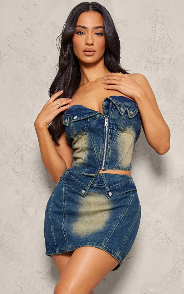 Clearance PrettyLittleThing Petite Denim Fold Over Mini Skirt Indigo Vintage Wash