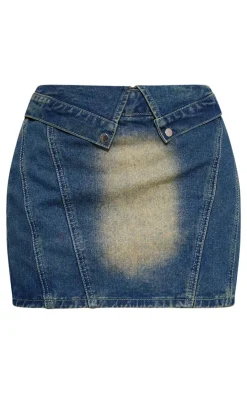 Clearance PrettyLittleThing Petite Denim Fold Over Mini Skirt Indigo Vintage Wash