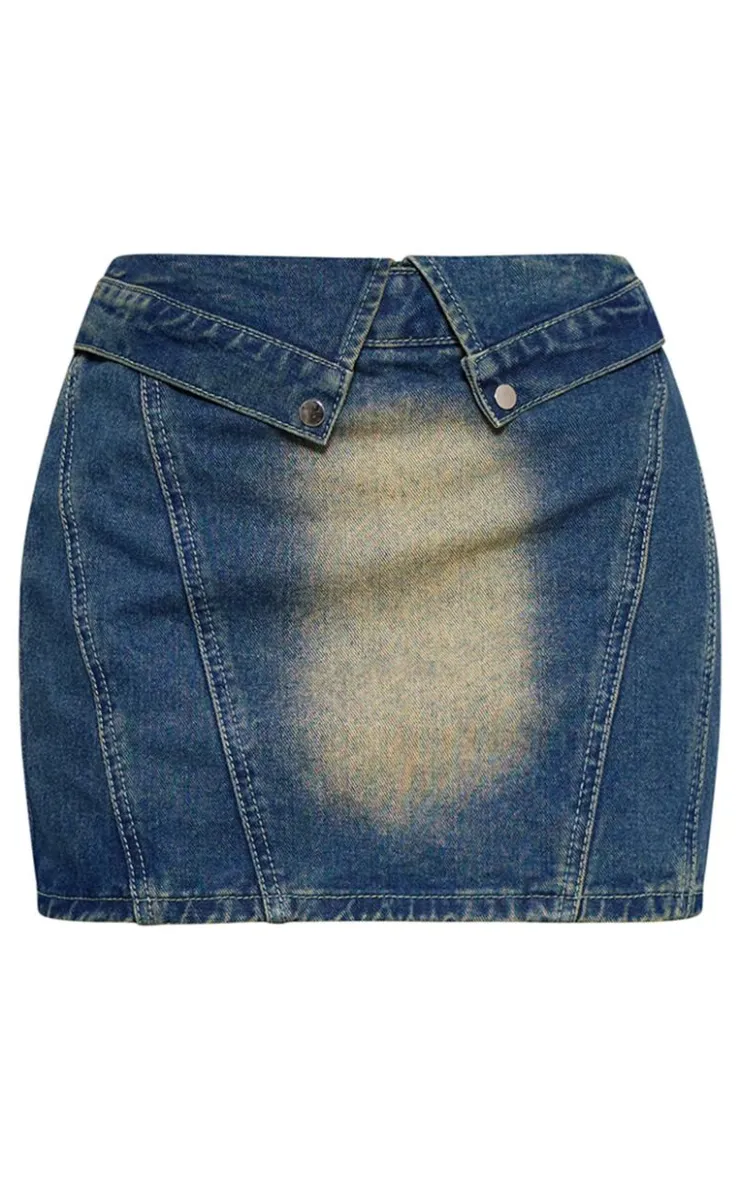 Clearance PrettyLittleThing Petite Denim Fold Over Mini Skirt Indigo Vintage Wash