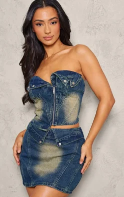 New PrettyLittleThing Petite Denim Fold Over Zip Up Corset Indigo Vintage Wash