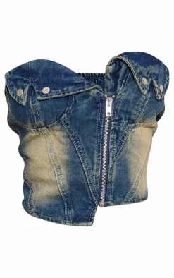 New PrettyLittleThing Petite Denim Fold Over Zip Up Corset Indigo Vintage Wash