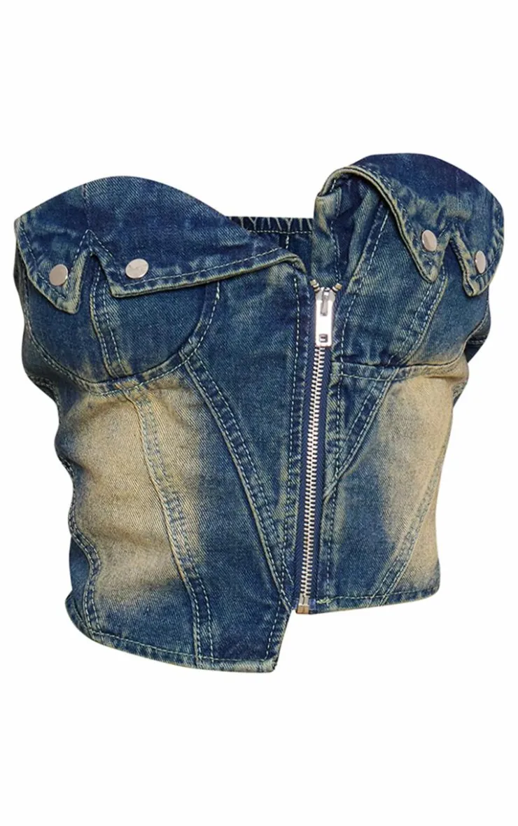 New PrettyLittleThing Petite Denim Fold Over Zip Up Corset Indigo Vintage Wash
