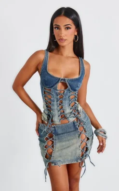 Clearance PrettyLittleThing Petite Lace Up Detail Denim Corset Indigo Vintage Wash