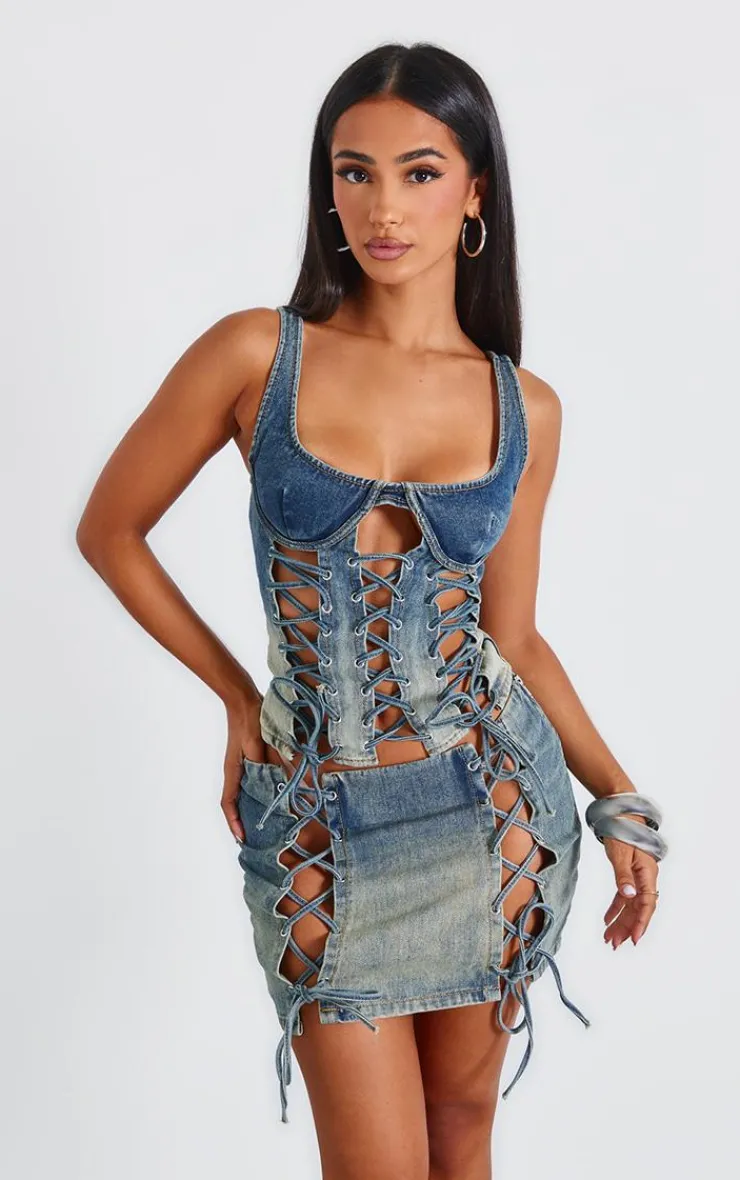 Clearance PrettyLittleThing Petite Lace Up Detail Denim Corset Indigo Vintage Wash