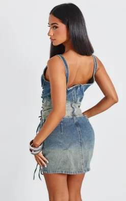 Clearance PrettyLittleThing Petite Lace Up Detail Denim Corset Indigo Vintage Wash