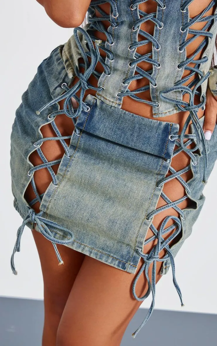 Clearance PrettyLittleThing Petite Lace Up Detail Denim Corset Indigo Vintage Wash