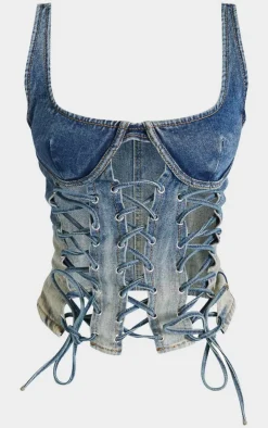 Clearance PrettyLittleThing Petite Lace Up Detail Denim Corset Indigo Vintage Wash
