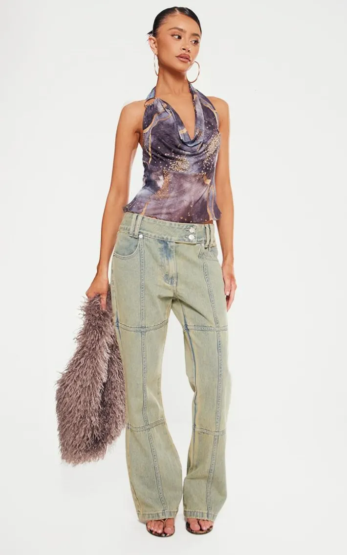 Petite Indigo Vintage Wash Seam Detail Flared Jeans