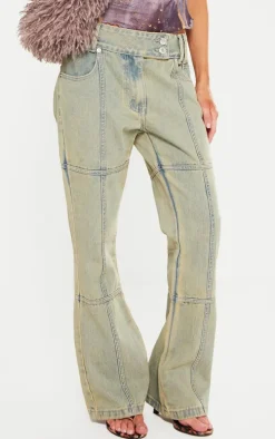 Petite Indigo Vintage Wash Seam Detail Flared Jeans