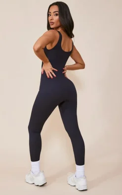 Petite Ink Blue Scoop Neck Structured Snatched Ribbed Jumpsuit