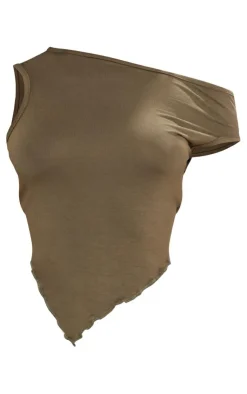 Outlet PrettyLittleThing Petite Cowl Neck Crop Detail Top Khaki