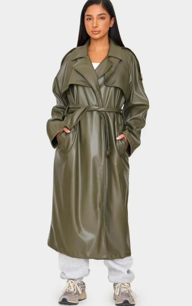 PrettyLittleThing Trench Coats*Petite Faux Leather Belted Trench Coat