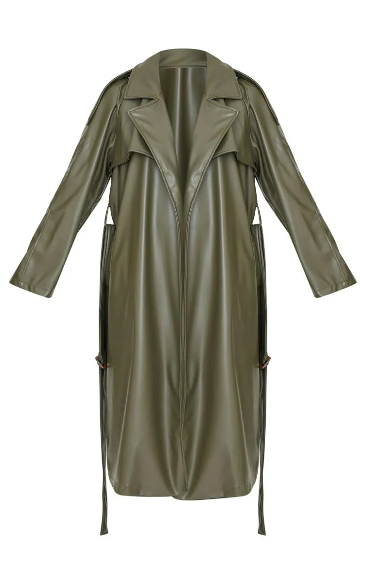 PrettyLittleThing Trench Coats*Petite Faux Leather Belted Trench Coat