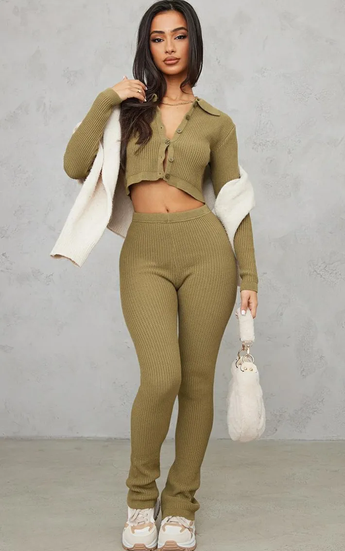 Petite Khaki Knitted Rib High Waisted Skinny Flare Pants