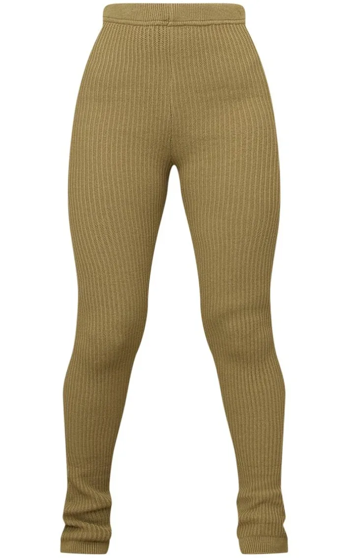 Petite Khaki Knitted Rib High Waisted Skinny Flare Pants