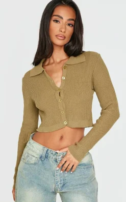 Sale PrettyLittleThing Petite Knitted Rib Cropped Cardigan Khaki