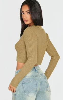 Sale PrettyLittleThing Petite Knitted Rib Cropped Cardigan Khaki