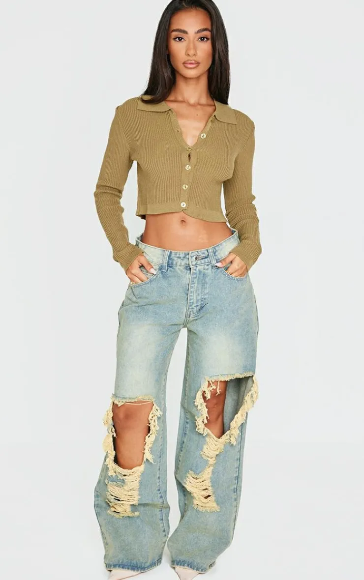 Sale PrettyLittleThing Petite Knitted Rib Cropped Cardigan Khaki