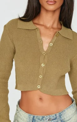Sale PrettyLittleThing Petite Knitted Rib Cropped Cardigan Khaki