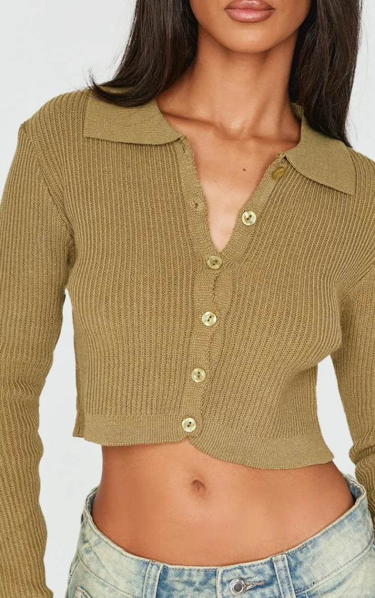 Sale PrettyLittleThing Petite Knitted Rib Cropped Cardigan Khaki
