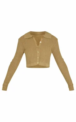 Sale PrettyLittleThing Petite Knitted Rib Cropped Cardigan Khaki