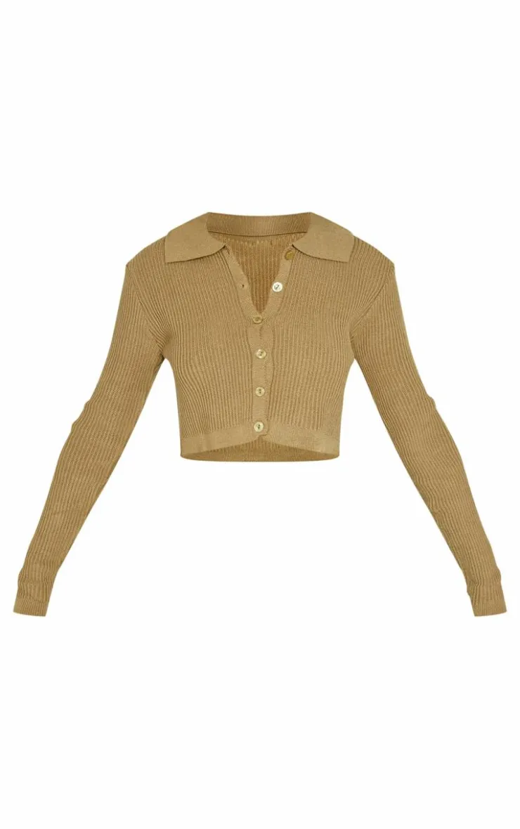 Sale PrettyLittleThing Petite Knitted Rib Cropped Cardigan Khaki