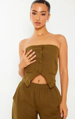 Online PrettyLittleThing Petite Linen Look Bandeau Button Long Top Khaki