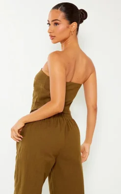 Online PrettyLittleThing Petite Linen Look Bandeau Button Long Top Khaki