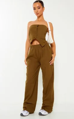 Online PrettyLittleThing Petite Linen Look Bandeau Button Long Top Khaki