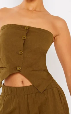 Online PrettyLittleThing Petite Linen Look Bandeau Button Long Top Khaki