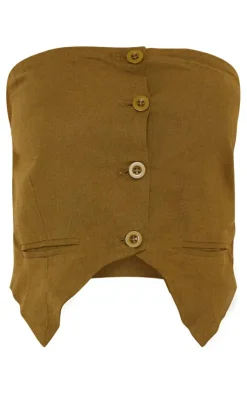 Online PrettyLittleThing Petite Linen Look Bandeau Button Long Top Khaki
