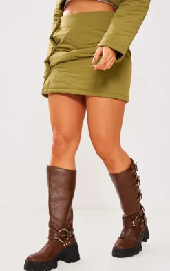 PrettyLittleThing Petite Quilted Button Front Mini Skirt Khaki
