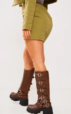 PrettyLittleThing Petite Quilted Button Front Mini Skirt Khaki