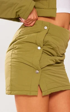 PrettyLittleThing Petite Quilted Button Front Mini Skirt Khaki