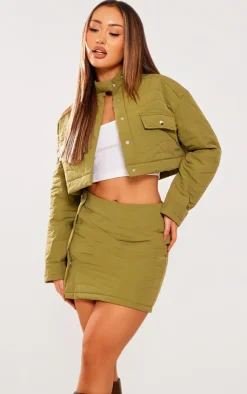 Discount PrettyLittleThing Petite Quilted Long Sleeve Cropped Jacket Khaki