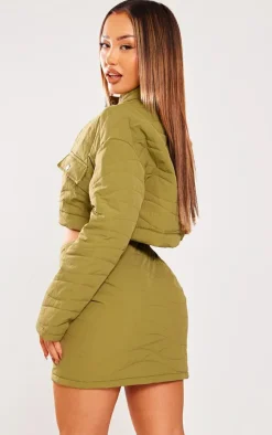 Discount PrettyLittleThing Petite Quilted Long Sleeve Cropped Jacket Khaki