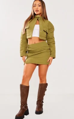 Discount PrettyLittleThing Petite Quilted Long Sleeve Cropped Jacket Khaki