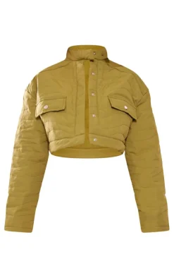Discount PrettyLittleThing Petite Quilted Long Sleeve Cropped Jacket Khaki