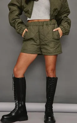 Online PrettyLittleThing Petite Quilted Shorts Khaki