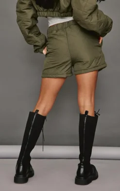 Online PrettyLittleThing Petite Quilted Shorts Khaki