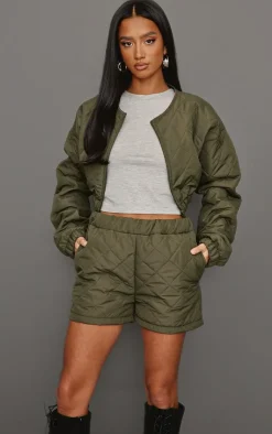 Online PrettyLittleThing Petite Quilted Shorts Khaki