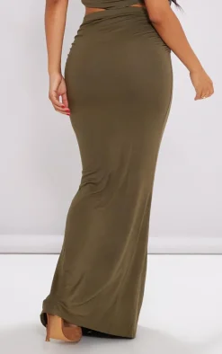 Online PrettyLittleThing Petite Ruched Maxi Skirt Khaki