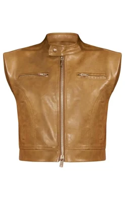PrettyLittleThing Faux Leather Jackets*Petite Sleeveless Collared Faux Leather Vest